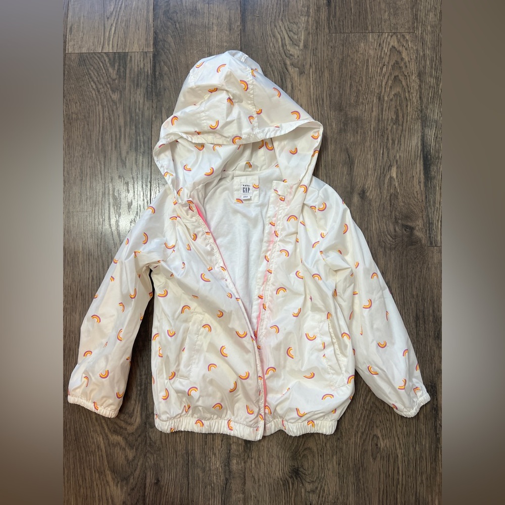 GAP Baby White Hooded Rain Jacket with Pink-Trim Rainbow Print